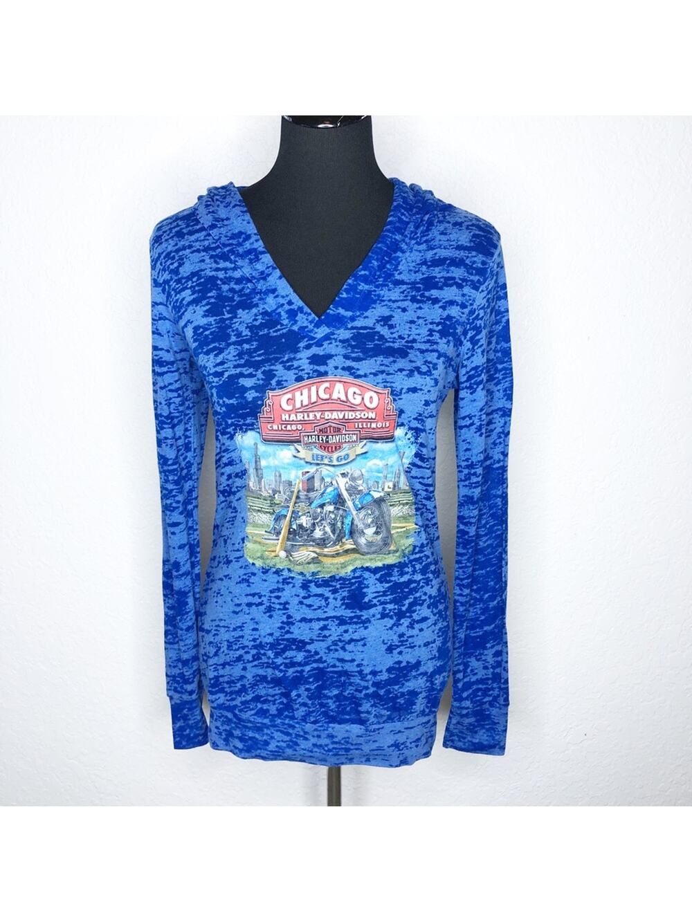 Harley Davidson Chicago graphic blue burnout hooded knit top size Small